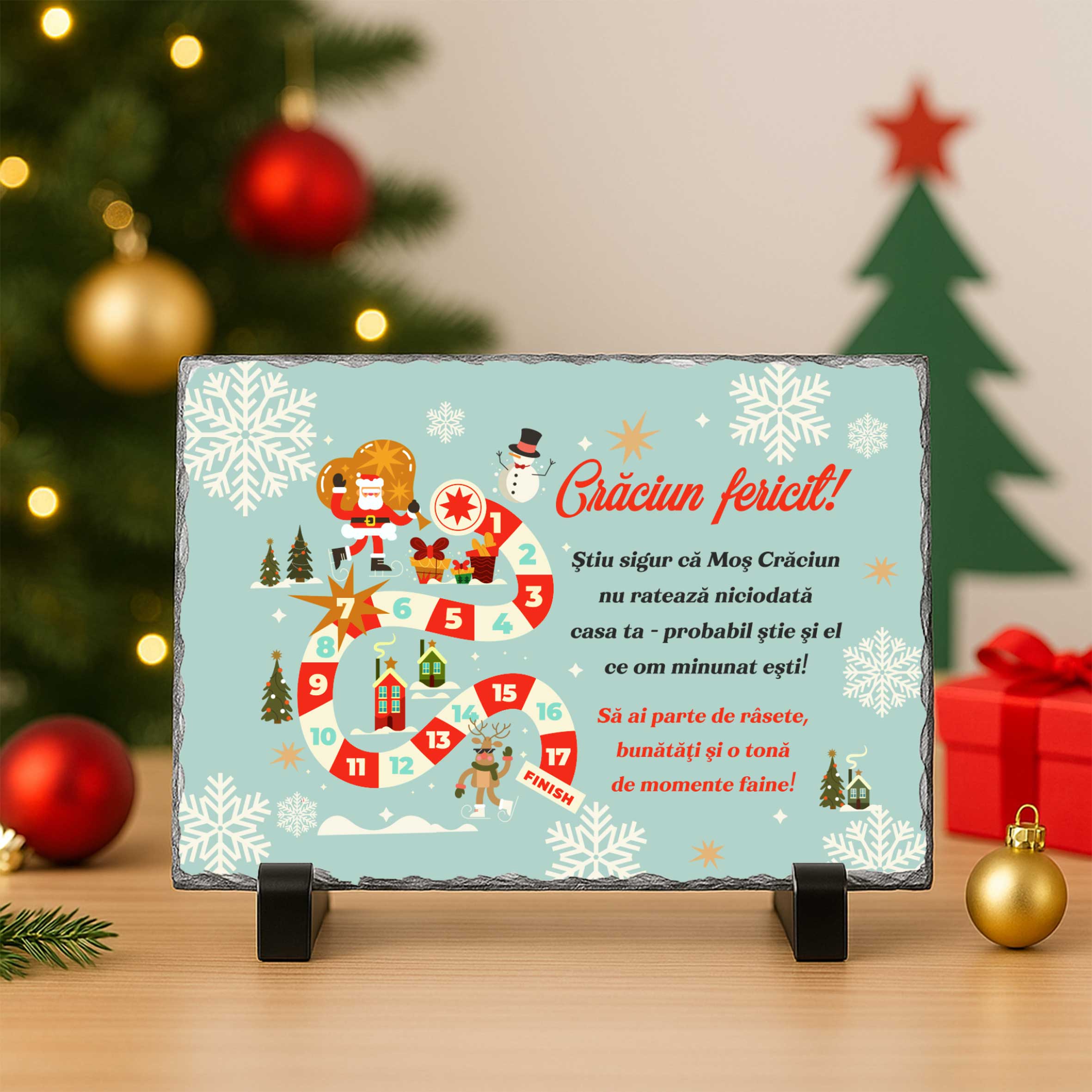 Placă de ardezie personalizată cu urare de Crăciun.